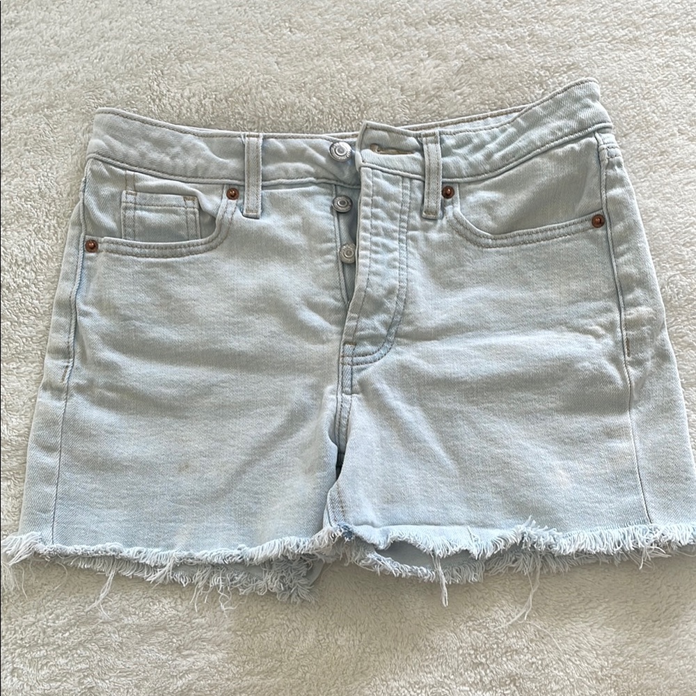 Light Blue Denim Frayed Hem Women Shorts